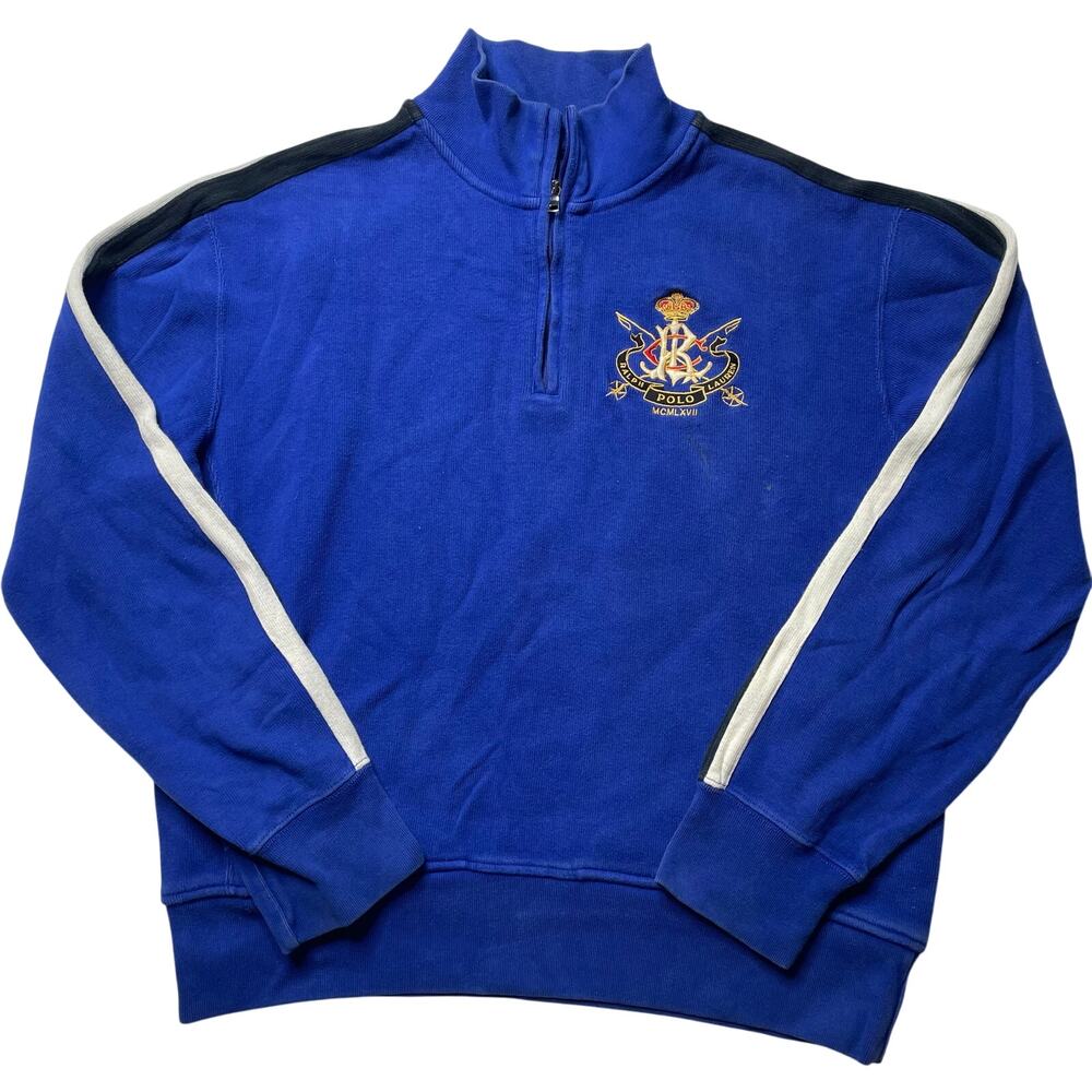 Vintage Polo Ralph Lauren Blue Embroidered 1/4 Zip Sweatshirt Size Large Cotton